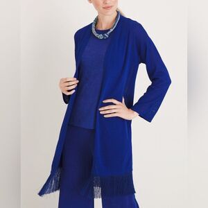Chicos Travelers Royal Blue Liquid Slinky Knit Fringe Hem Cardigan Sweater 2